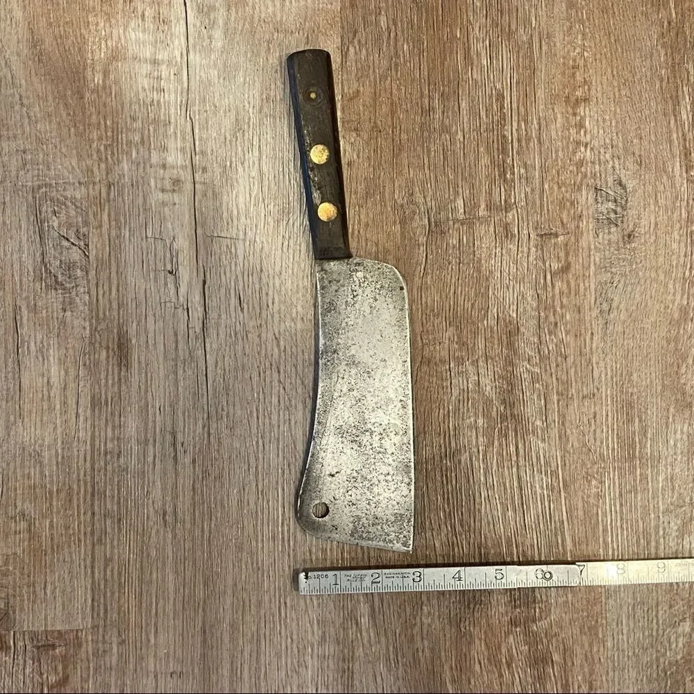Vintage Antique Meat Cleaver w Wood Handle 3 Brass Pin 12 Inch